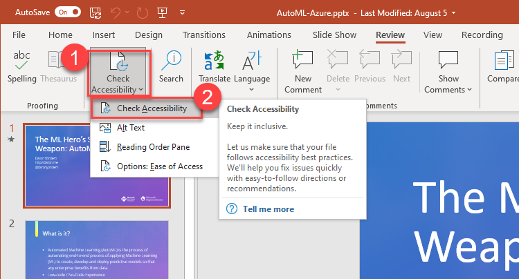 Check Accessibility function in Powerpoint. Powerpoint is open. The Check Accessibility menu is open, and the Check Accessibility command is highlighted.