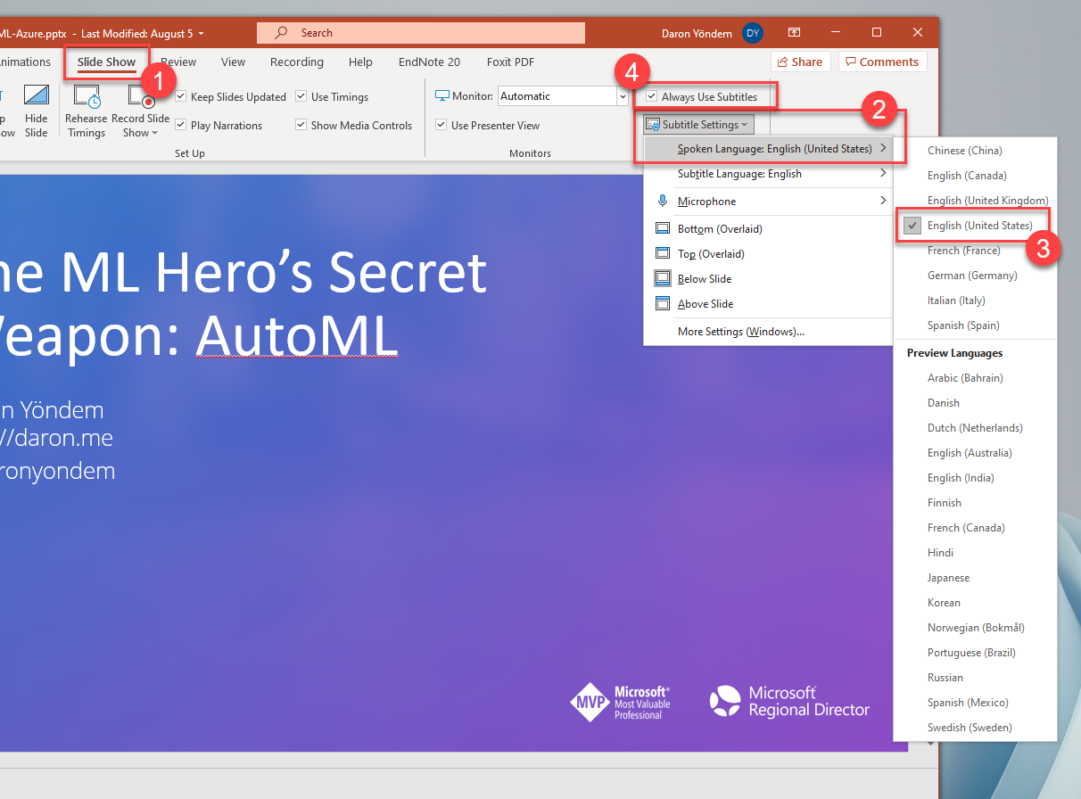 Powerpoint Live Captioning Settings Powerpoint’s Slide Show panel is open. Always use subtitles is checked. Subtitle Settings is open and spoken language is set to English.